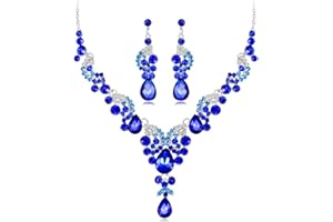Wedity mariée mariage cristal collier boucles d'oreilles ensemble floral colliers ras du cou bijoux en forme de larme pour femmes et filles (bleu)