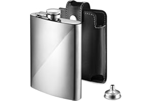 ECOOE Flacon de Hanche en Acier Inoxydable de 227 ml / 8 onces, avec Entonnoir et Pochette en Cuir Synthétique, Flasque à Whisky