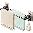 Lonimia 40CM Towel Rack, Self-Adhesive Towel Rack with Anti-Rust Aluminum, 2 Tier Double Bar Towel Rack Pole with 2 Hooks, Non-Drilling Towel Rack, Wall Mounted, For Bathroom Kitchen Shower