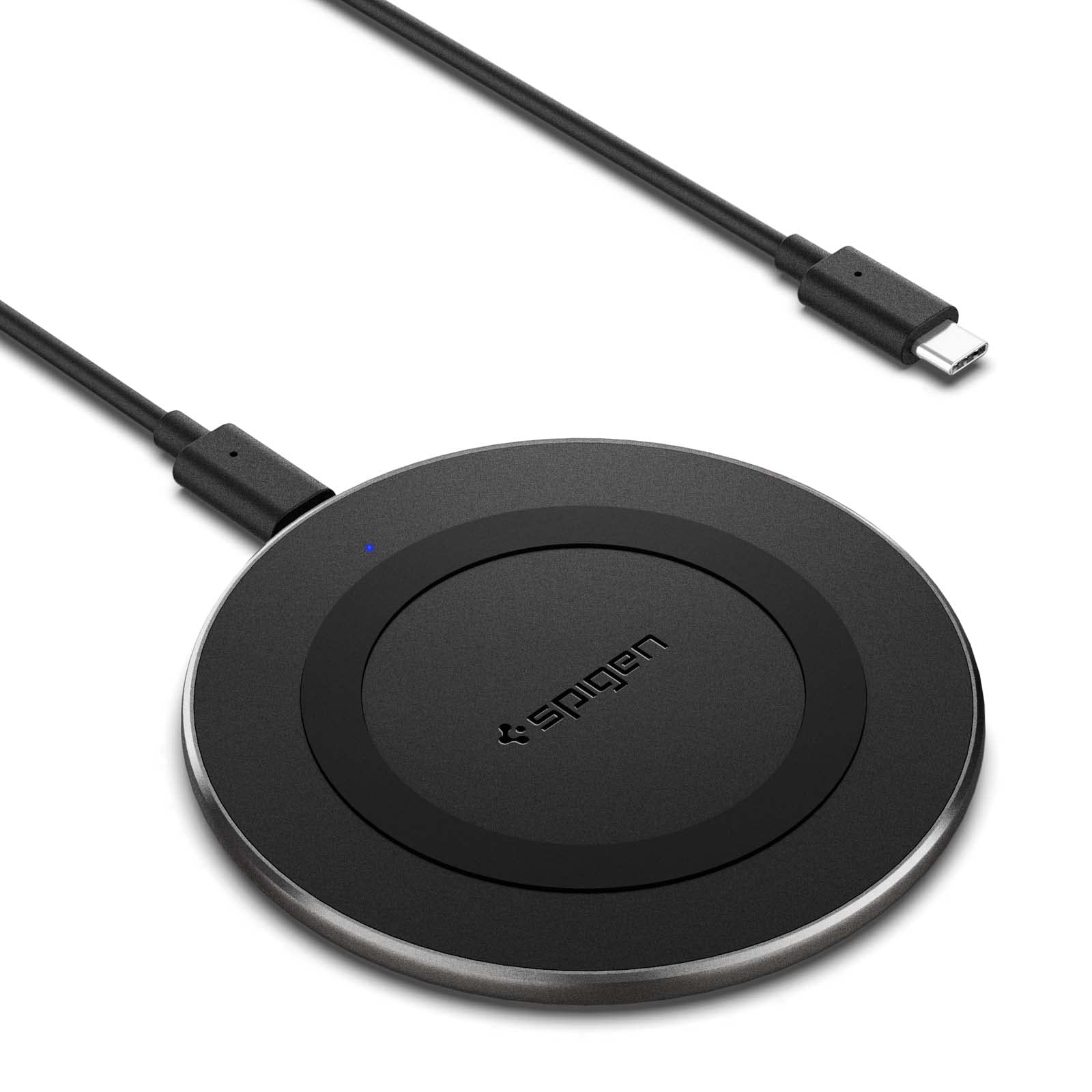 Spigen Essential Wireless Charger for iPhone 16/15/14/13/12/11/X.8 Series, Samsung Galaxy S25/S24/S23/S22/S21/S20 OnePlus 9/9 Pro with USB-C to C Type Cable [Version 2] - Black