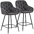 CLIPOP Bar Stools Set of 2 Velvet Thick Padded Kitchen Breakfast Bar Chairs with Armrest and Footrest, High Back Breakfast Bar Stools for Home Kitchen Island Counter (Grey)