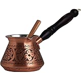 DEMMEX Kaffeekanne, 266 g, 2 mm, Kupfer, türkisch, griechisch, arabisch, graviert, Cezve Ibrik Briki mit Holzgriff und Holzlö