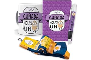 MUNDOHUEVO Super Regalo Personalizado para cuñadas. Cuñada molas un Huevo. Taza, libreta, boli y Trio de Calcetines
