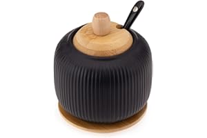 GALICJA OSBORN Zuccheriera in ceramica con cucchiaio e coperchio in bambù – zuccheriera nera – Stabile capiente zuccheriera in ceramica con coperchio e cucchiaio – accessori da cucina – 9,8 x 9,8 x