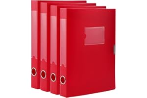 DONGLI Lot de 4 boîtes de classement A4 en plastique avec couvercle，dos de 40 mm ，boîte de rangement pour bureau, dortoir et maison Rouge