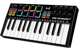 TERENCE Clavier MIDI de 25 Touches Professionnel MIDI Keyboard Contrôleur 500 mAh 8 Pads RGB Bouton Rotatif à 360° Sans Fin 8 Boutons Assignables Écran OLED Compatible avec Plusieurs DAW et Appareils