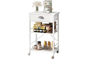 IBUYKE Kitchen Bakers Rack with Drawers,3-Tier Microwave Oven Stand with Storage, Coffee Bar Table with Wheels,Adjustable Shelf,Simple Assembly,White TMJ030W