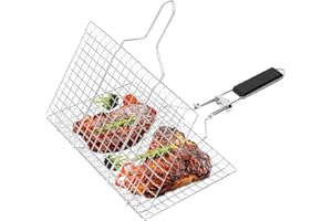 TINMIX Griglia pieghevole in acciaio inox, con manico rimovibile per grigliate all'aperto, pesce e verdure, scatola