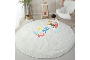 OMGREAT 120cm Fluffy Round Area Rug for Bedroom Soft Fuzzy Circle Rug for Kids Girls Room Indoor Plush Circular Nursery Rugs Cute Modern Furry Rugs for Living Room Cute Room Decor for Baby, Ivory