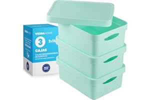 Vieira Home Caja de Almacenamiento Plastico con tapa| Cajoneras 3 unidades Empaquetables y Apilables | Cesta de Almacenamiento con Asas para Baño, Cocina, Salón, Dormitorio - 11L - Hecho en E.U