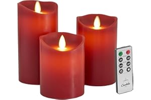 ‎LC HOME Candela Lights LED Kerzen Set Rot Stumpenkerze Echtwachs mit Fernbedienung Timer Funktion & mehrstufig dimmbar bewegliche Flamme Echtwachskerzen (Rot, 3er Set)