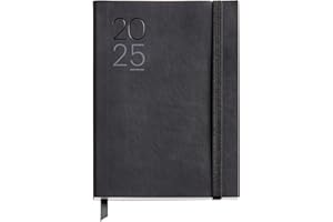 Miquelrius - Agenda 2025 Anual 122x168 mm, Día Página, Cubierta Flexible Símil Piel Cosida, Papel 80 g/m², Español, Inglés y Portugués, Color Negro