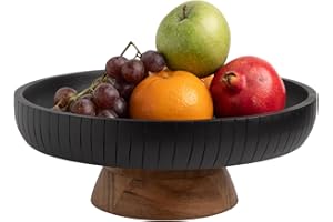 LAVAUK Mango Wood Fruit Bowl, Decorative Black Bowl with Natural Finish Pedestal | 12" Dia | Dual Tone Look | Use as Centerpiece for Kitchen Counter or Dining Table (Black)