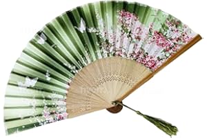 HICET Green with Butterflies Floral Patterned Hand Fans Come With Fan Bag, Vintage Silk and Japanese Lace Designs with Bamboo Frames, Handheld Folding Fans Perfect for Weddings, Parties and Church Events