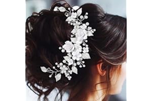 Unicra - Clip per capelli da sposa con decorazione floreale, perla e fiore, accessorio per capelli da sposa, per donne e spose (Argento, Taglia unica)