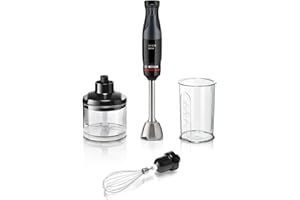 Bosch Serie 4 Frullatore a Immersione ErgoMaster MSM4B621, 1000 W, Ergonomico, Regolazione Dinamica della Velocità, Lame in Acciaio Inox, Tritatutto e Frusta Inclusi, Bicchiere Graduato, Nero