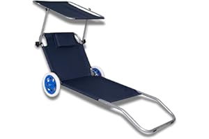 SPRINGOS Fauteuil inclinable d'été avec roulettes Pare-Soleil et Appui-tête 150x51 cm Charge maximale 120 kg Sac en Filet Dossier réglable en 5 Positions Chaise Longue à roulettes