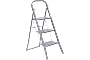 OurHouse 3 Tread Steel Step Ladder, Indoor Use with Non-Slip Feet, Foldaway 3 Step Ladder, 150kg Max Weight, Strong and Sturdy, Folding Ladder for Kitchen and Household Use, 91cm Height Lightweight