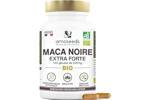AMOSEEDS Maca Noire BIO du Pérou | Extra Fort 10 000mg par jour | 120 gélules vegan | Régulateur Hormonal, Détente, Énergie | Qualité Supérieure pour Sommeil,Stress