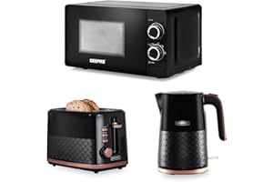 GEEPAS 700W Solo Manual Microwave, 1.7L Electric Kettle & 2 Slice Bread Toaster Kitchen Set | 3000W Rapid Boil Cordless Jug Kettle | 7 Browning Levels | 20L Solo Microwave Oven, 5 Power Levels | Black