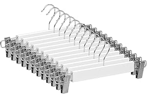 AICASA Perchas de Madera Blanca 12 Unidades con Pinzas Ajustables para Faldas Pantalones Shorts Vaqueros, Antideslizantes y Gancho Giratorio 360°