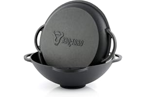Kazan in ghisa con coperchio BBQ-Toro | 12,1 litri | Pentola tradizionale in ghisa | Kazan con base rotonda | Wok preseasoned | Casseruola per cucinare, brasare, friggere
