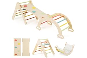 RELAX4LIFE 4 in 1 Triangolo da Arrampicata con Scivolo per Bambini, Arco da Arrampicata e Scala per Arrampicarsi in Legno, Montessori Giocattoli Bimbi 2 3 4 5 Anni (con Cuscino, Macaron)