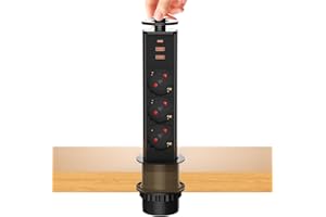 HANNELORE Multiprise Encastrable Bloc Prise Escamotable, Electrique 3 Prises avec USB C et 2 USB, Prise Plan de Travail Table, 4000W/16A, Ø 60mm Câble 1,8m - pour Cuisine Bureau Noir