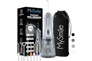 MySmile Hydropulseur dentaire sans fil puissant avec 5 modes d'affichage OLED, 8 embouts de jet remplaçables et réservoir d'eau amovible de 350 ml pour une utilisation à domicile (Gris)
