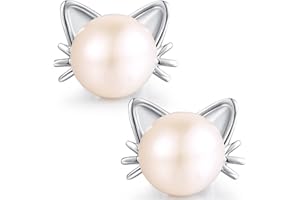 Miaofu Pendientes Oreja Gato, Aretes Perlas Agua Dulce, Pendientes Gato Perlas Agua Dulce Lindo Pendientes Plata De Ley Gato Perfectos Para Mujeres y Niñas