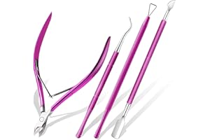 JANEROWEE Coupe-Cuticules Pinces à Cuticules 4 Pièces,Poussoirs et Lime en Acier, Trousse d'entretien des Cuticules, Professionnel en Acier Inoxydable Outils de Manucure Pédicure,Violet.