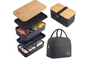 zaraf Bento Lunch Box 2 Couches Boite Repas Compartiment 1200 ml Lunchbox Hermétique avec Couverts Kit et Sac Isotherme Repas Boite Bento pour Adultes Enfants Pique-Niques Travail L'école (Noir)