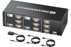 SEIRYRUC 4K/60Hz HDMI KVM Switch 2 Computers 3 Monitors, 2 Port HDMI KVM Switcher 2 in 3 Out for 2 PC Share 3 Monitors and 4 USB 3.0 Ports, Support Copy Mode/Extended Mode, Two Switching Modes