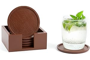 Rainsworth Dessous de Verre en Bois, Set de sous Tasse avec boîte, sous Verre Ronds pour Boissons, bière, Verre, Tasses, Bougies, lavables, Dessous de Table Déco Cadeaux (6 pièces, 10cm, Brun foncé)