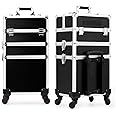 NAOR Makeup Train Case, Aluminum Makeup Organizer Jewelry Cosmetic Box with Mirror and Key Lock (C-Black 3Layer)