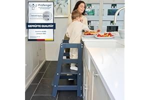 ‎ALAVYA HOME Alavya Home® NEO Lernturm ab 1 Jahr | Hocker Küchenhelfer, Kippschutz aus Buchenholz bis 70 kg belastbar Höhenverstellbar | Learning Tower 3 Level | Lernturm Montessori für Kinder - Anthrazit