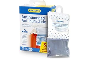 Pack de 3 Bolsas antihumedad Percha - Absorbe Humedad de Armarios - Espacios de hasta 15 m2 - Fragancia Neutro - Contenido: 3 unidades de 450 gr - Humydry