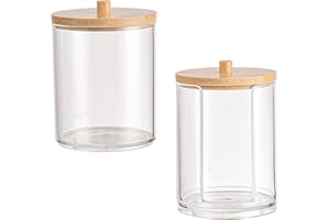 LZZEM 2Pcs storage containers for cotton pads Cotton Pad Holder with Bamboo Lids Makeup Storage Cotton Pad Dispenser for Cotton Ball Floss Hair Clips