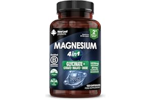 NEW LEAF PRODUCTS Magnesium Glycinate 4-in-1 Complex 1836mg – 381mg Elemental Per Serving – High-Strength Magnesium with Bisglycinate, Citrate, Malate, Oxide – 120 Vegan Capsules – UK Manufactured by New Leaf