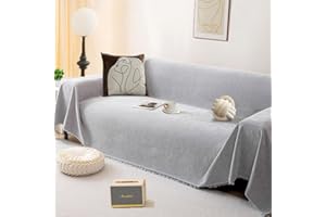 BUSVORES Sofa Überwurfdecke, Chenille Mit Fransen Sofabezug, AntiRutsch Couch Schutz für Haustiere Haare Kinder Hund Katze, Vielseitige Dekorative Sofaüberwurf für Familie(Hellgrau, 180x230 cm)