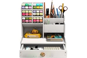 RUIXUE Drewniany organizer na biurko z szufladą, porządek na biurko i uchwyt na długopisy, akcesoria biurowe, duża pojemność, organizer na artykuły pa DIY, organizer na biurko do biura, szkoły i domu (PB17, biały)