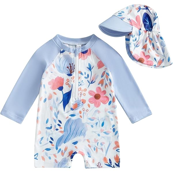 Maillot De Bain Une Pièce Bébé Fille Manches Longues UPF 50+ - Avec Bonnet, Fermeture éclair, Imprimé Fleuri - Protection Solaire Plage/piscine