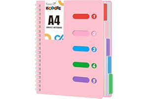 Koogel Ruled Notebook A4, Pink Spiral with Dividers Hardcover 5 Subject Journal for School Note Taking Office 28x21cm