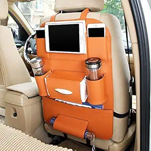 Multifarious PU Leather Car Back Seat Hanging Organizer Bag Universal Auto Multi-Pocket Pad Cups Car Tissue Bag Storage Organizer Holder Bag Foldable Shelf (Tan)