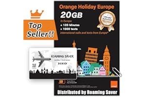 ROAMING SAVER Tarjeta SIM Prepago Orange Holiday Europe 20GB Datos de Internet en 4G/LTE + 120 Minutos de Llamadas Internacionales + 1000 Mensajes de Texto de la UE a Todo el Mundo+1 Titular de Tarjeta SIM+1 Pin