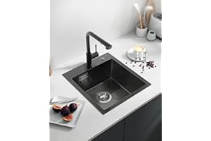 Sofetiy Fregadero Cocina 1 Seno 40x45cm, Fregadero Cocina Negro en Acero Inoxidable, Fregaderos de Un Seno con Sifón y Juego Desagüe, Negro Antracita