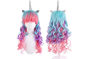 CAPANEUS Einhorn Perücke Damen mit Ohren und Horn, Perücke Damen Karneval, Einhorn Lange Lockige Perücke, Bunte Perücke, Regenbogen Perücke, Einhorn Kostüm Erwachsene Damen für Halloween Karneval Thema Party