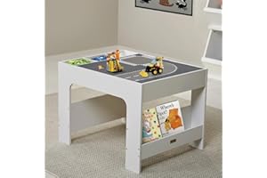 HOOGA PLAYROOM Hooga Kids Activity Table - Wooden Table for Toddler with 4PCs City Street Baseplates - Construction Building Block Table with Storage, Bookshelf and Blackboard - 66.5x54x48cm