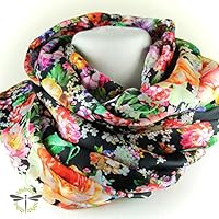 Loop-Schal Damen, schwarze SEIDE mit multi Blumen-Muster, 100 % Seiden-Satin HANDMADE