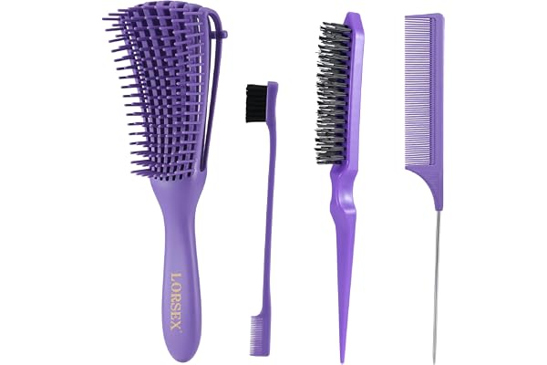 LORSEX Brosse démêlante pour cheveux naturels afro 3a à 4c - crépus, ondulés, bouclés, avec 3 brosses à toupier - Brosse à double bord et peigne (violet)